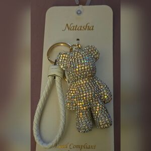 New Natasha Couture Sparkling Bear Bag Charm /Keychain with Cream Strap